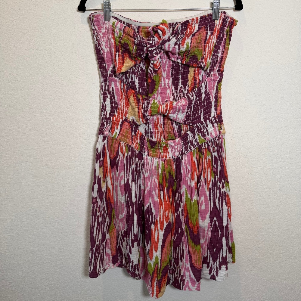 Anthropologie Pink Purple Ikat Smocked Strapless Cutout Mini Dress Womens Medium